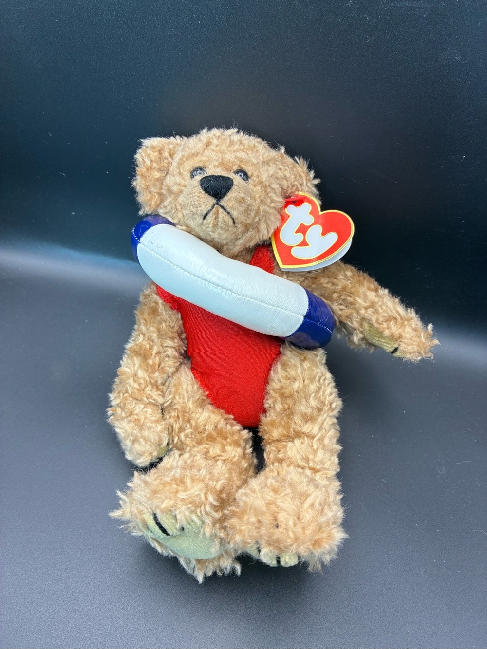 Attic Ty Plush Bear in Tan with Red Outfit and Blue-White Float-Allura